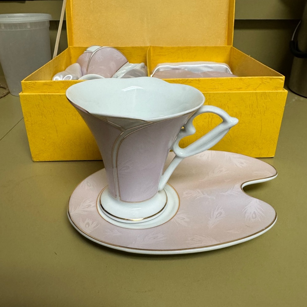 Artistic Pink and White Teacup with Palette Saucer